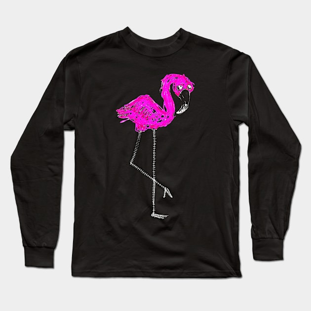 Flamingo Doodle White Long Sleeve T-Shirt by Mijumi Doodles